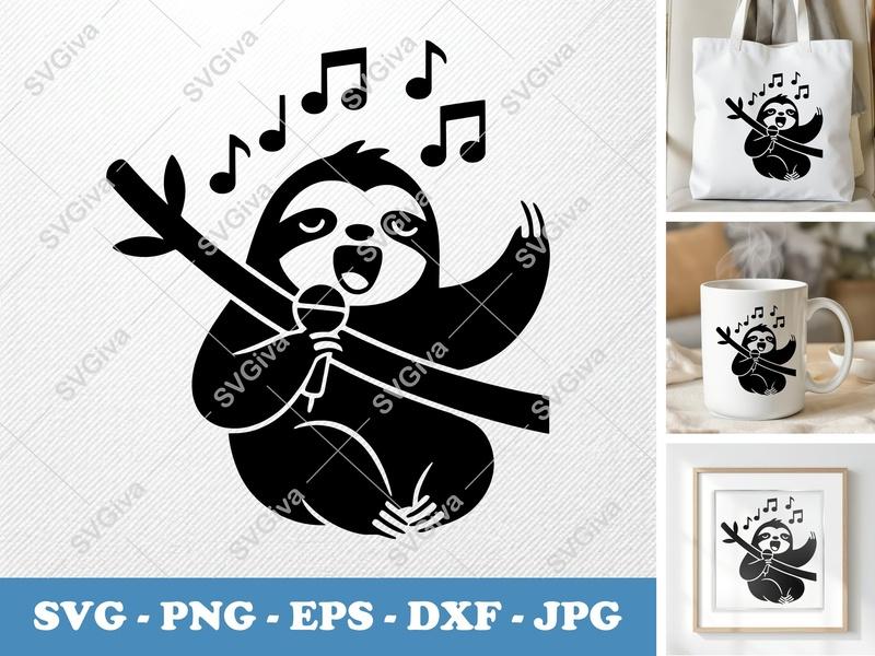 Sloth Singing SVG, Music Sloth PNG EPS DXF, Karaoke Animal Cut File for Cricut, Silhouette, Funny Design Clipart