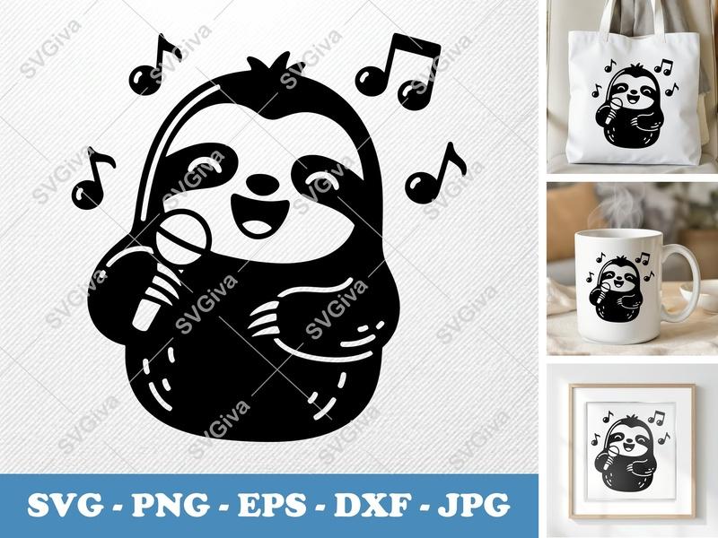 Sloth Singing SVG | Puffy Cartoon Sloth Cut File | PNG, DXF, EPS for Cricut & Silhouette