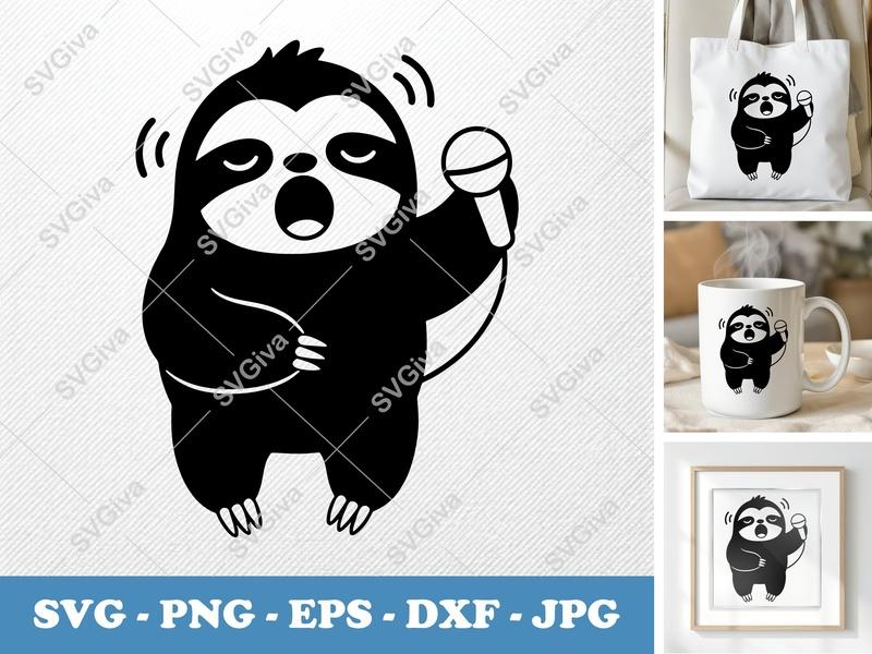 Sloth Singing SVG | Puffy Cartoon Sloth | Inflated Animal Cut File for Cricut Silhouette | PNG DXF EPS