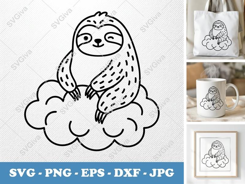 Sloth Sitting on a Cloud SVG PNG DXF EPS | Cute Animal Cut File for Cricut Silhouette