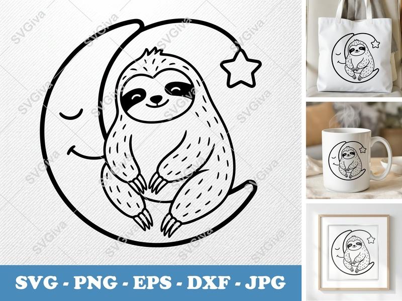 Sloth Sitting on a Moon SVG | Puffy Cartoon Craft File | Inflated Pillow Soft Design | PNG DXF EPS for Cricut Silhouette
