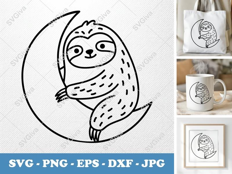 Sloth Sitting on Moon SVG PNG DXF EPS | Cute Animal Cut File Cricut Silhouette Vector