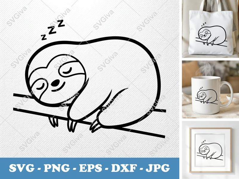Sloth Sleeping SVG, Cute Line Art, Zzz Sloth, PNG EPS DXF for Cricut & Silhouette, Lazy Animal Design, Digital Download