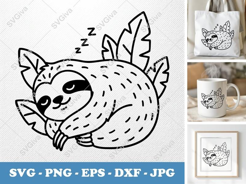 Sloth Sleeping SVG | Friendly Bean-Shaped Sloth | Rounded Body Cut File for Cricut, Silhouette | PNG DXF EPS Vector Art