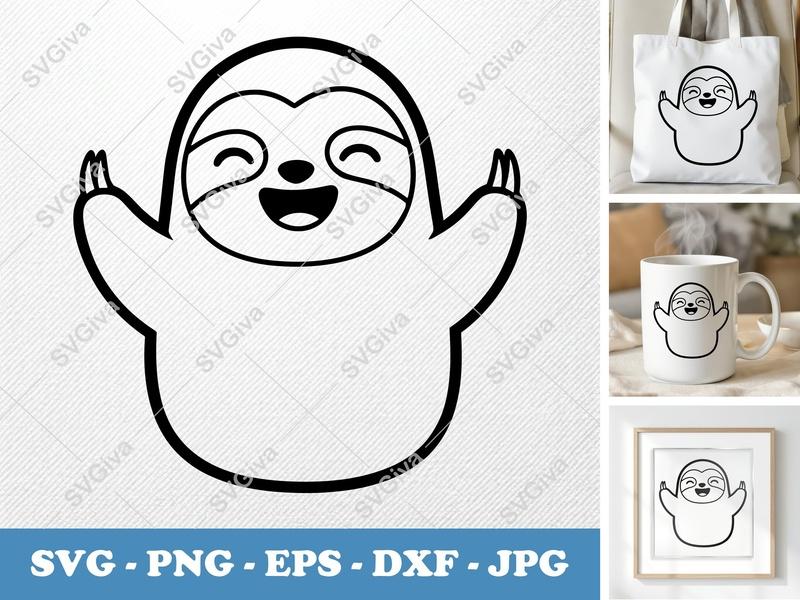 Sloth Smiling Happily SVG PNG DXF EPS | Cute Animal Cut File Cricut Silhouette