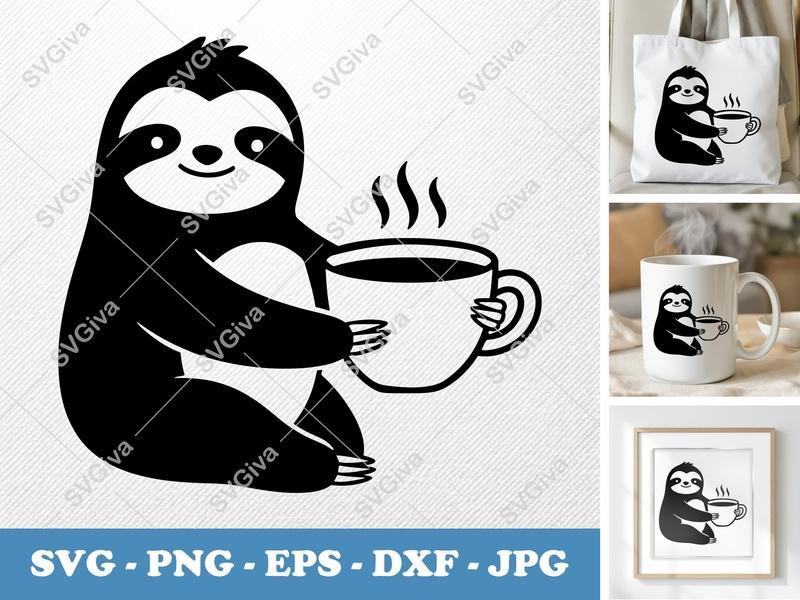 Sloth SVG, Coffee Lover Sloth, Modern Sloth with Hot Drink, Cut File for Cricut & Silhouette, PNG EPS DXF