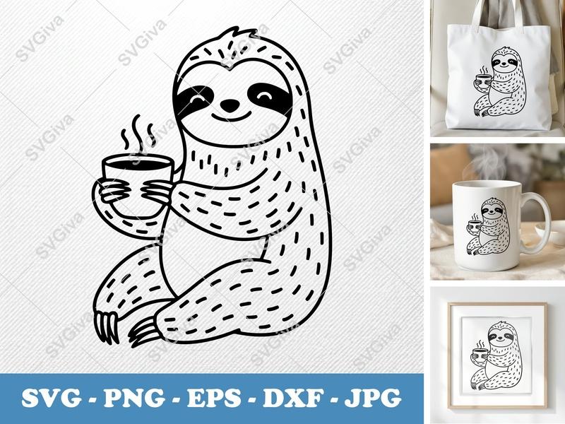 Sloth SVG, Coffee Sloth PNG, EPS, DXF, Modern Animal Cut File for Cricut & Silhouette, Cute Sloth Clipart