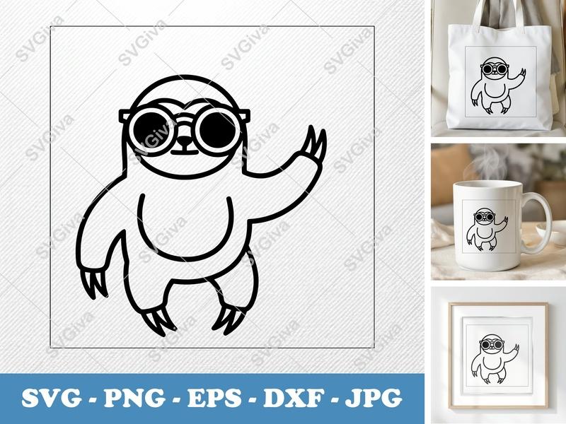 Sloth SVG, Cool Sloth with Glasses, Modern Animal Cut File, PNG, EPS, DXF for Cricut & Silhouette, Cute Sloth Clipart