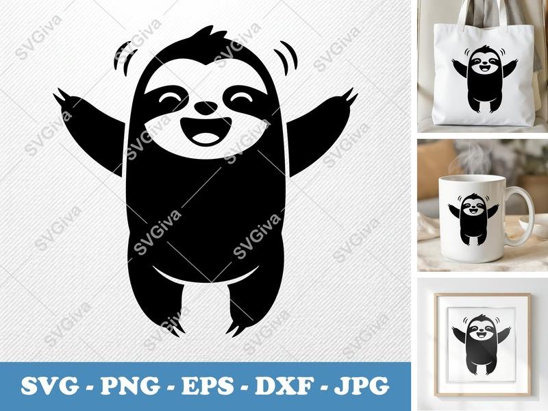 Sloth SVG, Cute Happy Sloth Clipart for Cricut, Modern Animal Cut File, PNG, EPS, DXF for Silhouette Machines