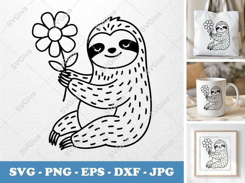 Sloth SVG, Cute Modern Sloth with Flower, PNG EPS DXF for Cricut & Silhouette, Animal Clipart Vector
