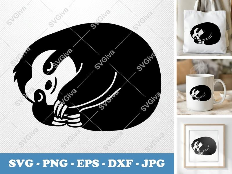 Sloth SVG, Cute Sleeping Modern Animal Cut File, PNG EPS DXF for Cricut & Silhouette, Lazy Sloth Clipart Vector