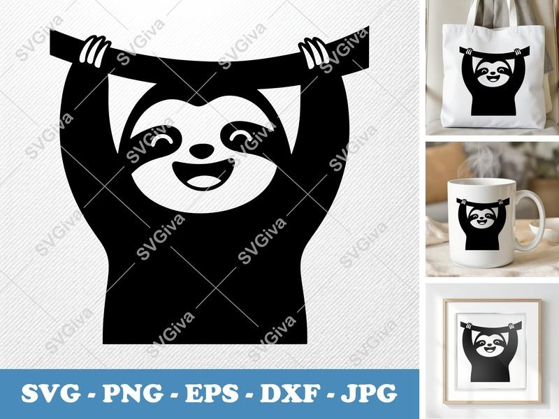 Sloth SVG, Cute Sloth Hanging, Modern Animal Clip Art, PNG EPS DXF for Cricut & Silhouette, Happy Sloth Design