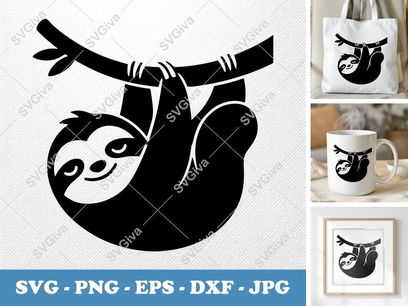 Sloth SVG, Cute Sloth Hanging on Branch, Modern Animal Design | PNG EPS DXF for Cricut, Silhouette