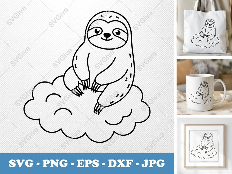 Sloth SVG, Cute Sloth on Cloud, Modern Animal Cut File, PNG EPS DXF for Cricut & Silhouette, Digital Download