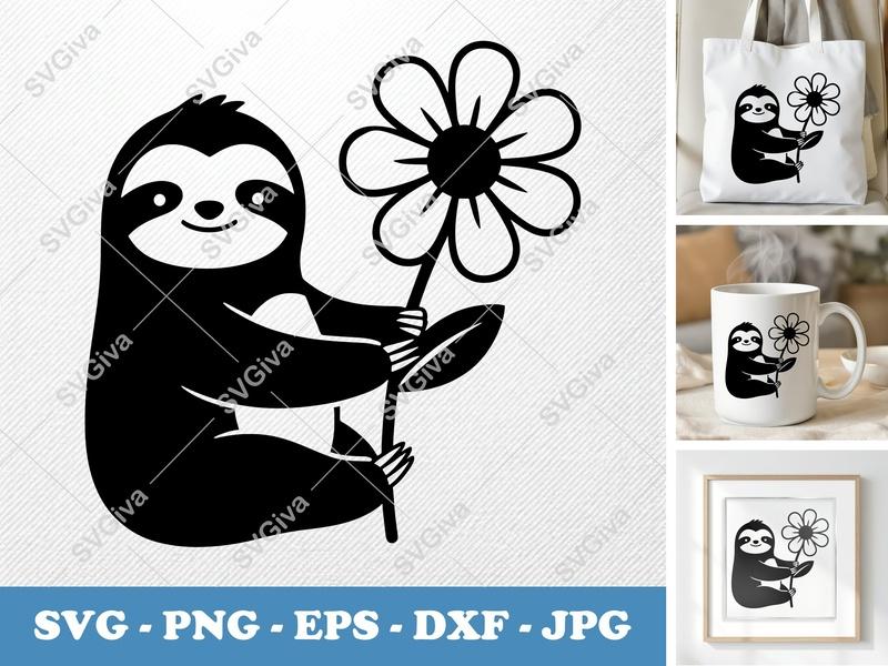 Sloth SVG, Cute Sloth with Flower, Modern Animal Clipart | PNG EPS DXF for Cricut, Silhouette, Crafting