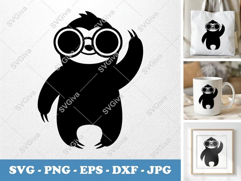Sloth SVG, Cute Sloth with Glasses, Modern Animal Cut File for Cricut & Silhouette | PNG EPS DXF Vector Clipart