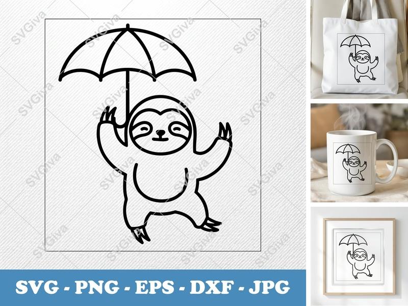 Sloth SVG, Cute Sloth with Umbrella, Modern Outline Design, PNG EPS DXF for Cricut, Silhouette, Animal Clipart