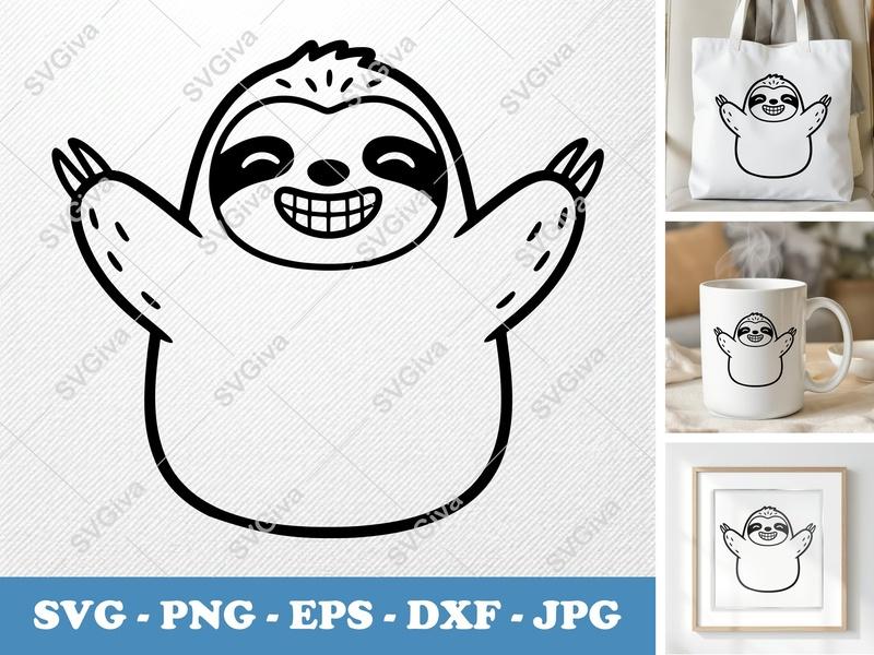 Sloth SVG, Cute Smiling Sloth Cut File, Modern Animal Design | PNG EPS DXF for Cricut, Silhouette