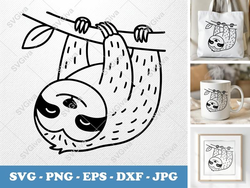 Sloth SVG, Hanging Modern Line Art, Cute Animal Cut File PNG EPS DXF for Cricut & Silhouette, Cartoon Sloth Clipart