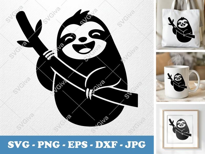 Sloth SVG, Happy Sloth on Branch Cut File, Modern Design, PNG EPS DXF for Cricut, Silhouette, Animal Clipart