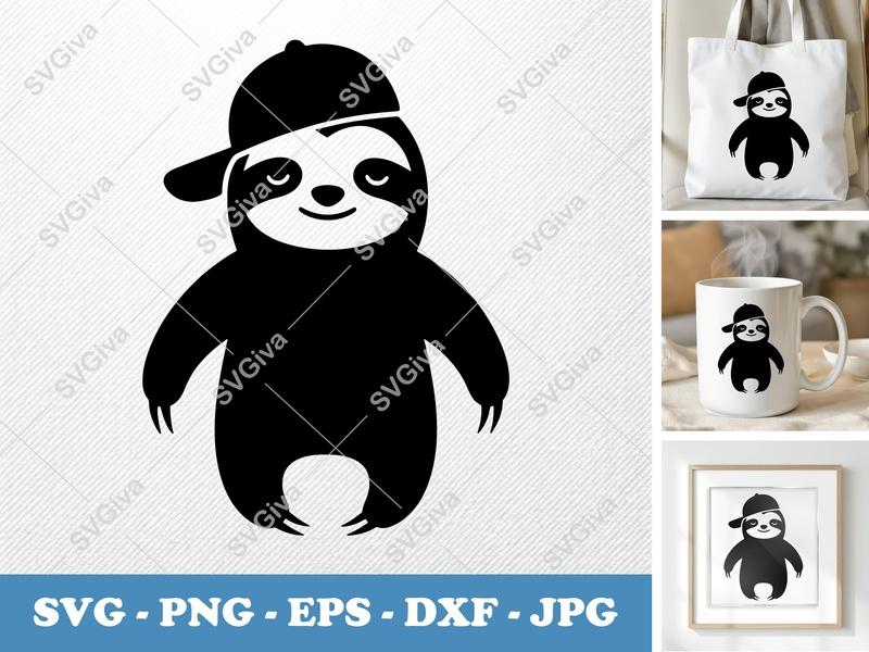 Sloth SVG, Modern Sloth with Hat, Cute Cartoon Animal Cut File, PNG EPS DXF for Cricut & Silhouette