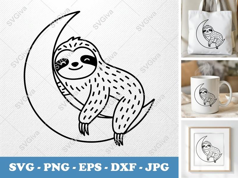 Sloth SVG on Moon, Cute Sloth Cut File, Modern Animal PNG EPS DXF for Cricut & Silhouette, Digital Download Clipart
