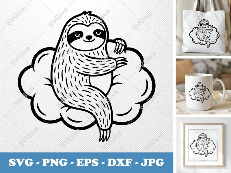 Sloth SVG | Puffy Cloud Sloth Cut File | Inflated Pillow-Soft Design | PNG DXF EPS for Cricut Silhouette