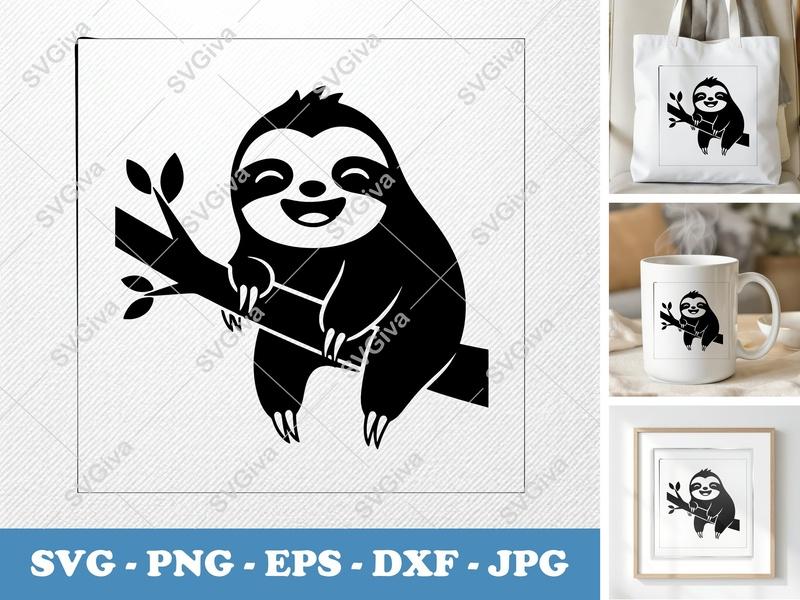 Sloth SVG, Puffy Pillow-Soft Sloth Cut File, Happy Sloth Design | PNG DXF EPS | Cricut Silhouette File