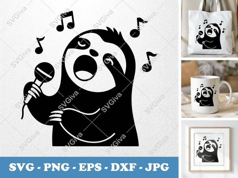Sloth SVG, Singing Karaoke Music Notes, Funny Animal Clipart, PNG EPS DXF for Cricut, Silhouette, Digital Download