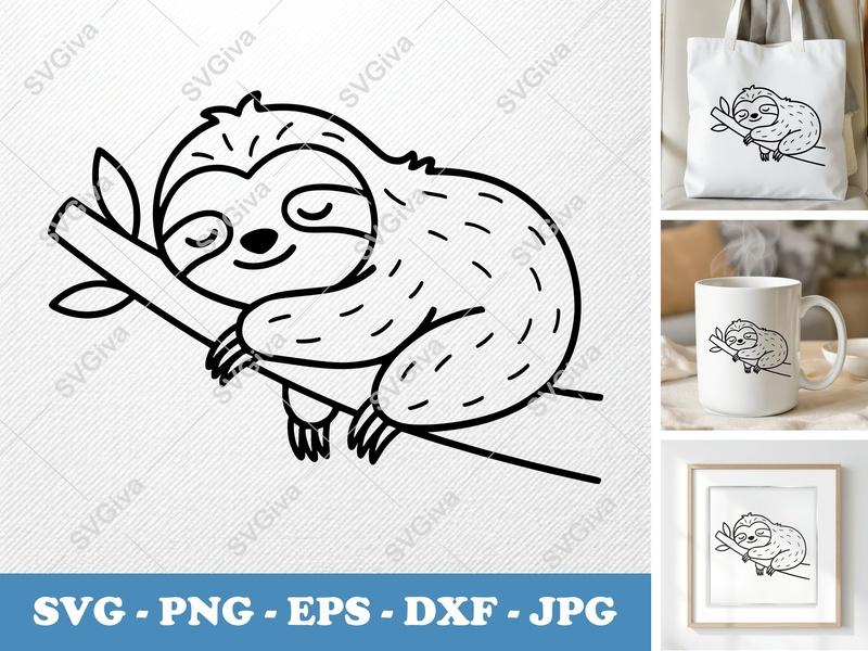 Sloth SVG, Sleeping Sloth on Branch Cut File, Modern Animal Clip Art, PNG EPS DXF for Cricut & Silhouette