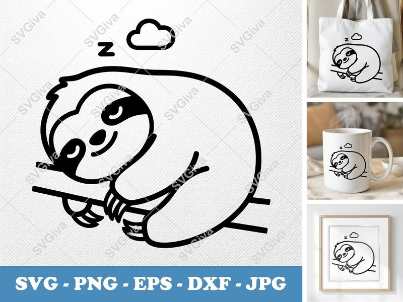 Sloth SVG, Sleeping Sloth on Branch, Cute Modern Kawaii Design, Zzz Cloud, PNG EPS DXF for Cricut & Silhouette