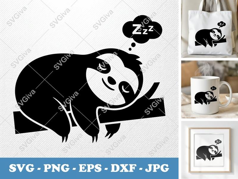 Sloth SVG, Sleeping Sloth on Branch, Zzz Bubble | Digital Cut File for Cricut, Silhouette | PNG EPS DXF Vector Clipart