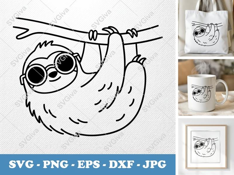 Sloth SVG | Wearing Sunglasses | Bold Contour Minimalist Cut File | PNG DXF EPS | Cricut Silhouette Design