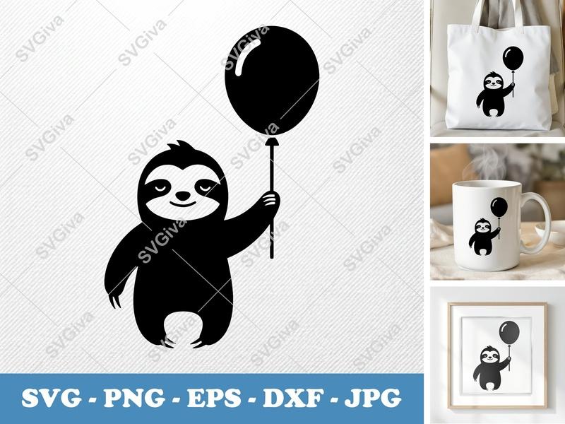 Sloth SVG with Balloon, Cute Animal Clipart, Modern Clean Design - PNG, EPS, DXF for Cricut & Silhouette
