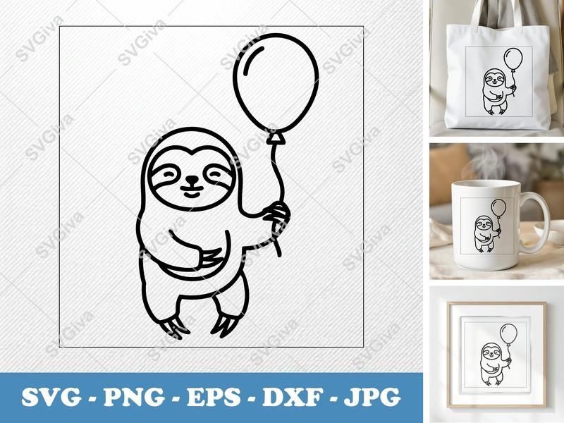 Sloth SVG with Balloon | Modern Outline Cut File for Cricut, Silhouette | PNG, EPS, DXF | Cute Animal Design