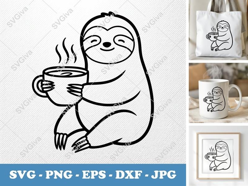 Sloth SVG with Coffee Mug | Modern Cartoon Sloth, Coffee Lover Cut File, PNG EPS DXF for Cricut, Silhouette