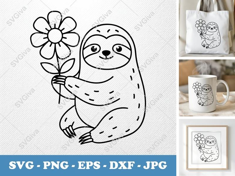 Sloth SVG with Flower, Cute Animal Clipart, Digital Download PNG EPS DXF for Cricut & Silhouette, Modern Sloth Cut File