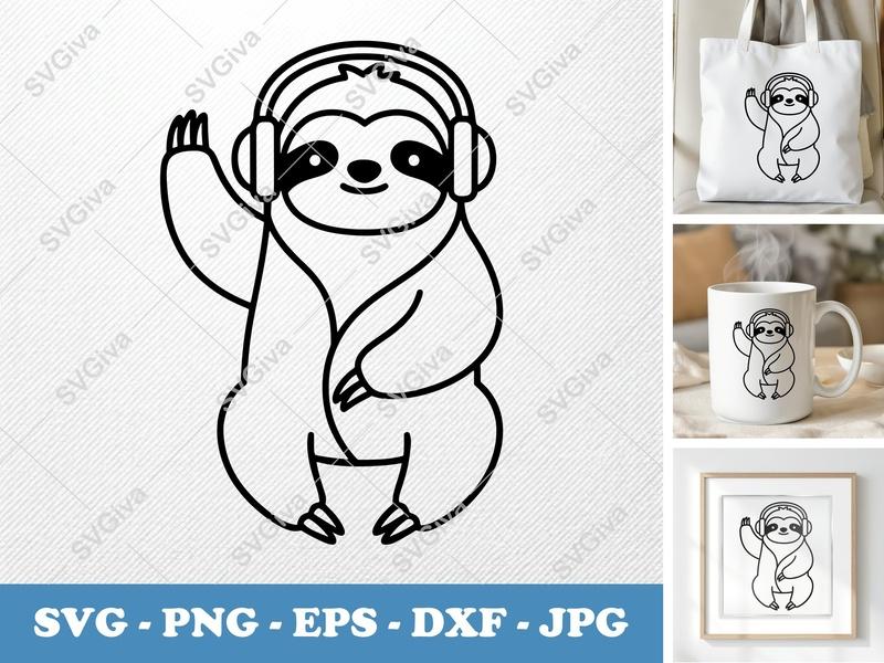 Sloth SVG with Headphones, Modern Outline Cut File for Cricut, Silhouette | PNG EPS DXF | Animal Clipart | Cute Sloth