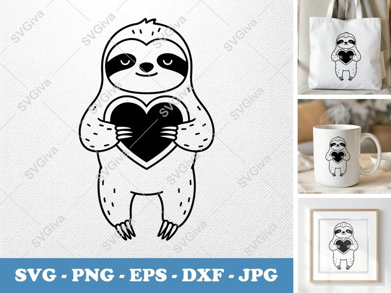 Sloth SVG with Heart | Modern Outline Design | PNG EPS DXF | Cricut Silhouette Cut File