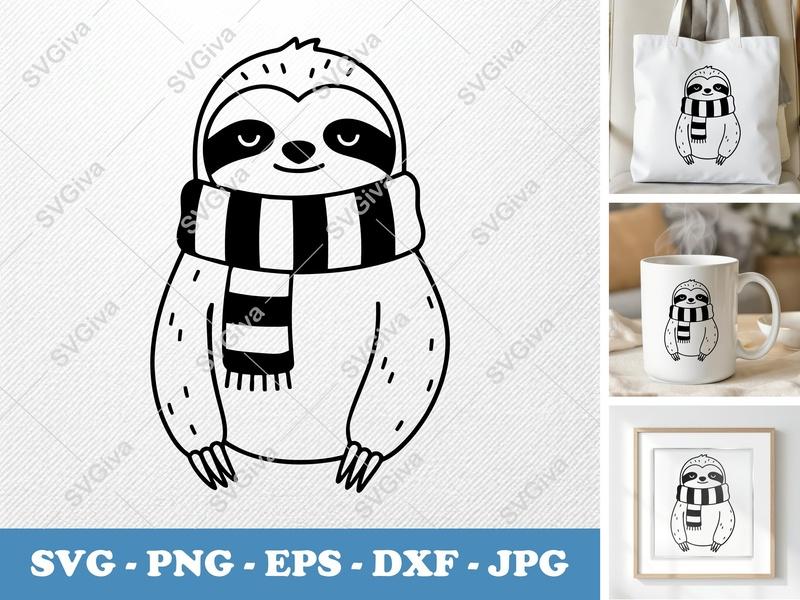Sloth SVG with Scarf | Cute Winter Animal PNG EPS DXF | Modern Outline Cut File for Cricut, Silhouette, Vector Clipart