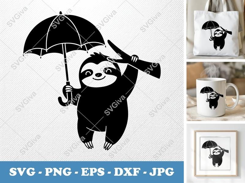 Sloth SVG with Umbrella | Cute Sloth Holding Branch PNG EPS DXF | Cricut & Silhouette Cut File | Modern Animal Design
