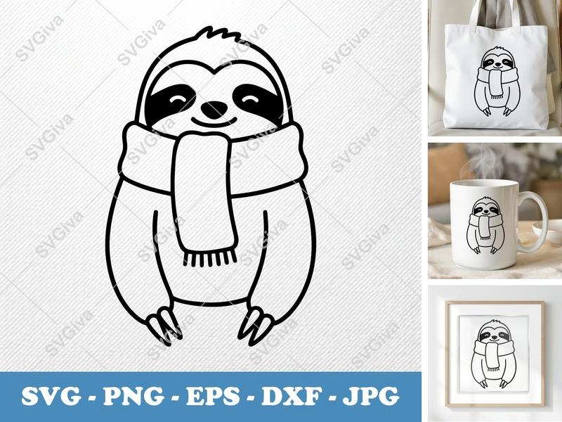 Sloth wearing a scarf SVG | Friendly Rounded Bean-Shaped Cut File | PNG DXF EPS | Cricut Silhouette