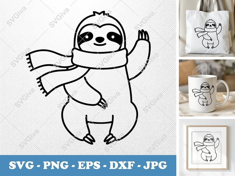 Sloth wearing a Scarf SVG | Minimalist Cartoon Sloth Cut File | Bold Line Art PNG DXF EPS for Cricut Silhouette