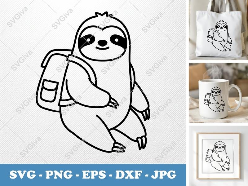 Sloth wearing backpack SVG | Cute Minimalist Vector | Bold Outline Cut File for Cricut, Silhouette | PNG, DXF, EPS