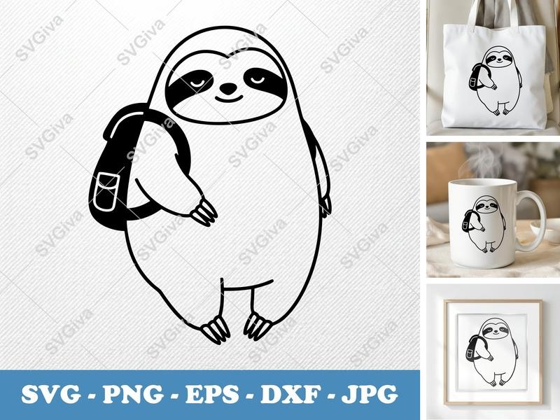 Sloth wearing Backpack SVG | Puffy Animated Style | PNG DXF EPS | Cricut Silhouette File