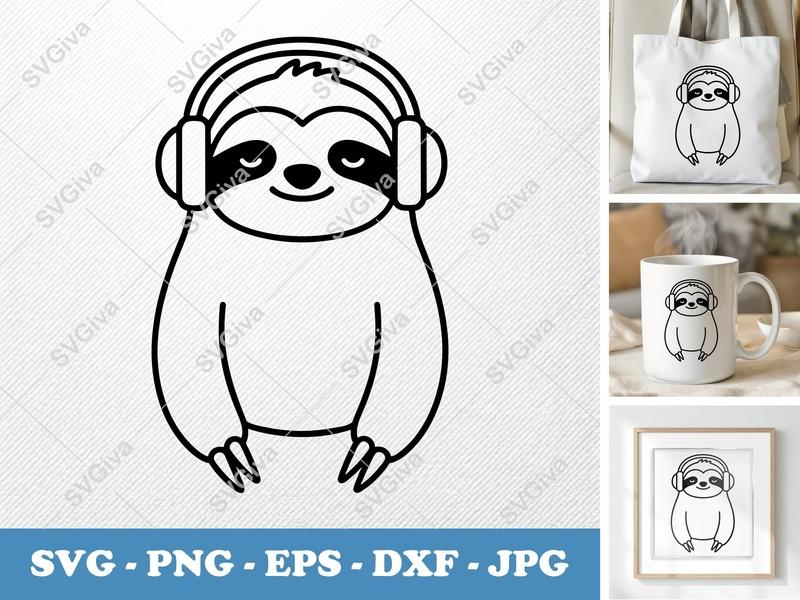 Sloth wearing headphones SVG | Friendly Rounded Bean-Shaped Cut File | PNG DXF EPS for Cricut Silhouette