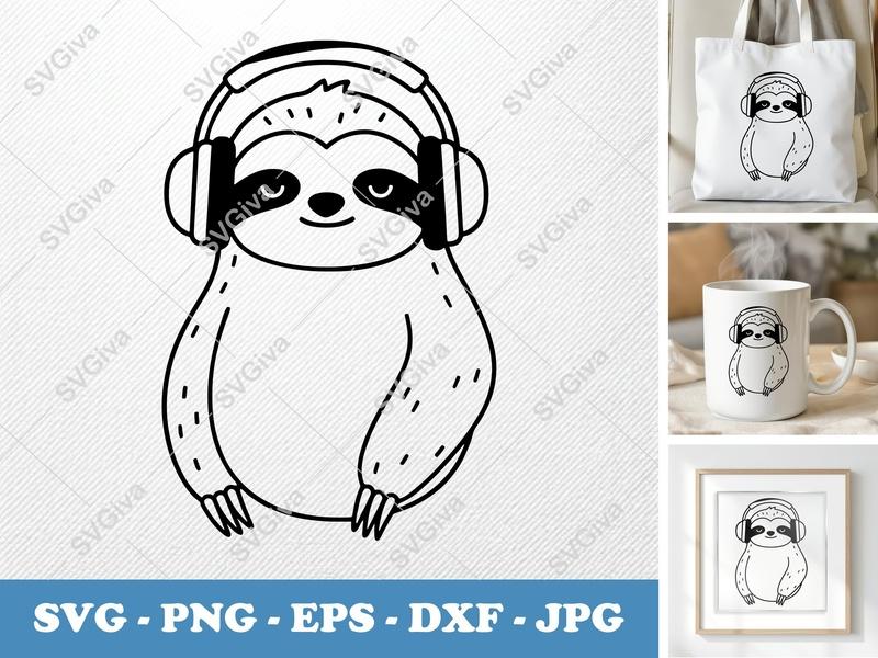 Sloth Wearing Headphones SVG | Minimalist Contour & Clean Fill | PNG DXF EPS | Cricut Silhouette Cut File
