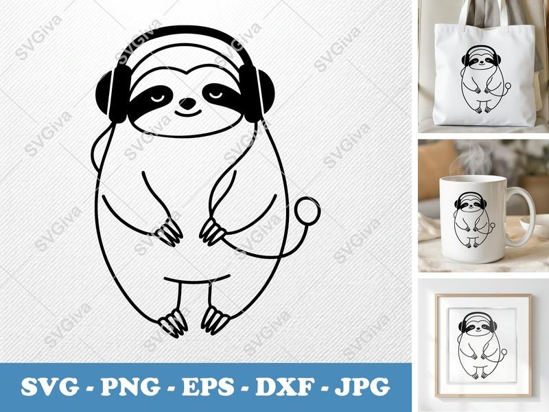 Sloth wearing headphones SVG | Puffy Cartoon Sloth | Inflated Pillow-Soft Design | PNG DXF EPS | Cricut Silhouette File