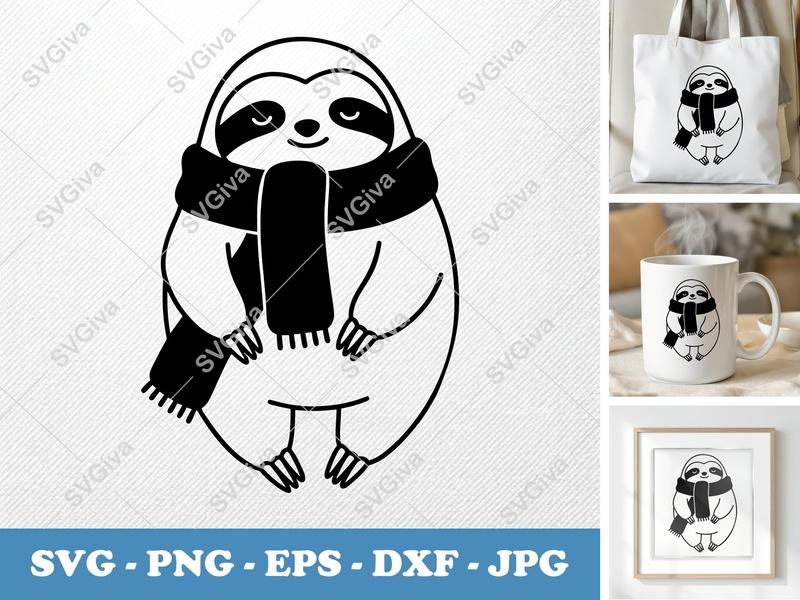 Sloth Wearing Scarf SVG | Puffy Pillow Soft Design | PNG DXF EPS | Cricut Silhouette Cut File