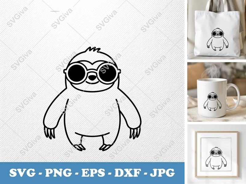 Sloth wearing sunglasses SVG | Friendly Bean-Shaped Design | PNG DXF EPS | Cricut Silhouette Cut File